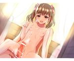  1boy 1girl ata_(tsumari) bar_censor blush bow breasts censored cum cum_on_lower_body cum_on_upper_body dutch_angle ejaculation erection eyebrows_visible_through_hair facial hair_bow hetero long_hair navel nude open_mouth original penis pink_bow small_breasts spread_legs tied_hair twintails 