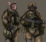  anthro armor canine cat colored dog duo feline grey_background gun helmet hladilnik male mammal military ranged_weapon rifle shaved simple_background sphynx weapon 