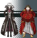  blue_eyes brown_coat brown_hair charles_henri_sanson_(fate/grand_order) coat danganronpa fat fat_man fate/grand_order fate_(series) full_body green_eyes halftone hand_in_pocket hands_on_hips julius_caesar_(fate/grand_order) komatsuzaki_rui_(style) long_coat male_focus multiple_boys necktie red_coat silver_hair simple_background two-tone_background yumaru_(marumarumaru) 