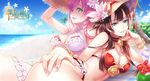  2girls beach bikini braids breasts brown_hair clouds demmy drink fantasy_frontier flower green_eyes hat long_hair multiple_girls nail_polish pink_hair pointy_ears sky swimsuit tree water 