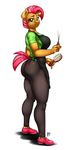  2017 anthro anthrofied apron babs_seed_(mlp) big_butt breasts brown_fur brush butt clothed clothing earth_pony equine female footwear freckles friendship_is_magic fur green_eyes hair hairbrush horse loafers looking_at_viewer looking_back mammal multicolored_hair my_little_pony pants pia-sama pony scissors shirt shoes side_boob signature simple_background smile solo t-shirt thick_thighs two_tone_hair white_background yoga_pants 