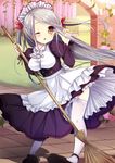  1girl blush broom bunsai female flower fumiya grey_hair headdress highres long_hair maid maid_headdress moe2015 one_eye_closed original solo thighhighs tied_hair twintails wink yellow_eyes 