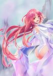  1girl artist_request ass bare_shoulders breasts bridal_gauntlets from_behind houshin_engi large_breasts leotard long_hair looking_at_viewer open_mouth pink_eyes pink_hair shawl shiny shiny_skin sideboob smile so_dakki solo very_long_hair 