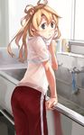  abukuma_(kantai_collection) blonde_hair blush bralines breasts cowboy_shot faucet fingernails green_eyes hair_between_eyes hair_bun indoors kantai_collection long_hair looking_at_viewer makio_(makiomeigenbot) pants parted_lips red_pants see-through shirt short_sleeves sink small_breasts solo standing towel wet wet_clothes wet_shirt wiping_sweat 