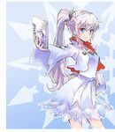  blue_eyes earrings ein_lee hand_on_hip highres iesupa jacket jewelry long_hair manga_(object) necklace promotions rwby scar scar_across_eye solo weiss_schnee white_hair 