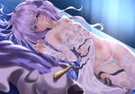  :o ass_visible_through_thighs azur_lane bare_shoulders blurry blush breasts depth_of_field detached_sleeves eyebrows_visible_through_hair hair_ornament hair_over_one_eye hips long_hair looking_at_viewer lying navel on_back panties purple_eyes purple_hair ribbon sarujie_(broken_monky) see-through small_breasts solo underwear unicorn_(azur_lane) wet wet_clothes wet_panties white_panties 