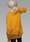  bad_id bad_tumblr_id bangs black_pants covered_mouth cowboy_shot earrings grey_background hair_between_eyes hand_up highres hirota_tsuu jewelry long_sleeves male_focus original pants ring silver_hair simple_background solo standing sweater yellow_eyes yellow_sweater 