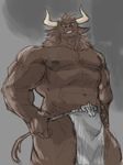  abs anthro bovine cattle clothing colored grey_background hi_res loincloth looking_at_viewer male mammal muscular pecs simple_background solo teasing wuedti 