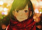  black_hair blue_eyes blurry blurry_background commentary face long_hair looking_at_viewer original portrait scarf shinobu_(kobanatu) snowing winter winter_clothes 