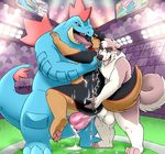  anal anal_penetration balls battle canine chain cum dog double_penetration feraligatr kissing licking male male/male mammal nintendo overweight penetration penis pok&eacute;mon pok&eacute;mon_(species) public slightly_chubby stadium television terwin tongue tongue_out video_games zestibone zesty 