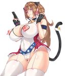  1girl animal_ears areolae bare_shoulders blue_eyes blush breasts breasts_outside brown_hair cat_ears cat_tail censored cleavage covered_navel curvy gun heterochromia huge_breasts long_hair nipple_piercing nipples pk_(girls_frontline) puffy_nipples purple_eyes pussy smile solo standing tail thick_thighs thighhighs weapon wide_hips yui.h 