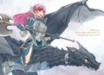  armor armored_boots axe boots breastplate cloud cloudy_sky dated dragon dragon_riding dress fire_emblem fire_emblem:_kakusei full_body gauntlets gloves hairband happy_birthday long_hair minerva_(fire_emblem:_kakusei) open_mouth pink_hair red_eyes riding scales serge_(fire_emblem) side_slit sketch sky slit_pupils tnmrdgr wyvern yellow_eyes 