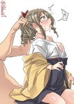  1girl bad_id bad_twitter_id bare_shoulders blue_eyes blush bow breasts brown_hair cowboy_shot drill_hair drooling ebifurya from_side grabbing hair_bow hakama_skirt hatakaze_(kantai_collection) highres inactive_account kantai_collection long_sleeves medium_breasts meiji_schoolgirl_uniform off_shoulder open_mouth red_bow saliva side_drill simple_background sweat tears tongue tongue_out twitter_username white_background wide_sleeves 