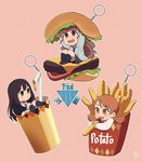  artist_request bangs blunt_bangs brown_eyes brown_hair cardigan commentary_request drink drinking_straw eating fast_food food french_fries green_eyes hair_bun hamburger holding holding_food houjou_karen idolmaster idolmaster_cinderella_girls kamiya_nao ketchup keychain long_hair multiple_girls open_mouth shibuya_rin triad_primus 