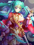  blue_eyes blue_hair blush bottle_miku breasts cleavage eyebrows_visible_through_hair eyepatch garter_straps gloves hatsune_miku highres large_breasts long_hair looking_at_viewer navel parted_lips pink_gloves pirate purple_legwear smile solo thighhighs thighs vocaloid xi_zhujia_de_rbq 