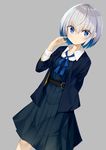  blue_eyes blue_hair blush bob_cut closed_mouth collarbone dress eyebrows_visible_through_hair kavka long_sleeves looking_at_viewer multicolored_hair original pinafore_dress short_hair silver_hair solo uniform 