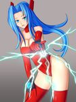  1girl alternate_costume artist_request blue_eyes blue_hair breasts chris_ryan cleavage elbow_gloves electricity gloves grey_background highleg highleg_leotard leaning leaning_forward leotard long_hair looking_at_viewer open_mouth parted_lips ponytail psychic_force shiny shiny_hair shiny_skin simple_background smile solo sonia_(chris_ryan) very_long_hair 