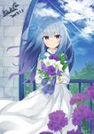  artist_name blush bouquet closed_mouth dated day eyebrows_visible_through_hair flower grey_hair holding holding_bouquet kavka long_hair long_sleeves looking_at_viewer multicolored_hair original outdoors purple_eyes purple_hair signature sky smile solo 