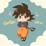  :&gt; black_eyes black_hair blue_background character_name cloud dougi dragon_ball dragon_ball_z flying hands_on_own_cheeks hands_on_own_face heart long_sleeves looking_at_viewer lowres male_focus raiku_(ugougomemomemo) short_hair simple_background smile solo son_goten spiked_hair 