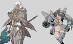  1girl armor axe battle_axe black_hair breasts commentary_request decepticon eyebrows_visible_through_hair eyepatch gatling_gun genderswap genderswap_(mtf) gloves grey_background grey_hair gun hair_between_eyes head_only highres holding holding_axe holding_weapon huge_weapon humanization kamizono_(spookyhouse) large_breasts looking_at_viewer machine machine_gun machinery mecha mecha_musume mechanical_wings open_mouth original pants personification red_eyes short_hair simple_background starscream thighhighs transformers turret weapon wings 