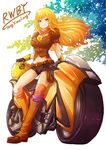  ahoge asymmetrical_legwear belt black_gloves black_shorts blonde_hair boots breasts character_name cleavage copyright_name fingerless_gloves floating_hair gloves ground_vehicle knee_boots long_hair looking_at_viewer medium_breasts midriff moai_(moai_world) motor_vehicle motorcycle navel orange_footwear orange_legwear orange_scarf purple_eyes rwby scarf short_shorts shorts smile solo standing stomach thighhighs very_long_hair yang_xiao_long 