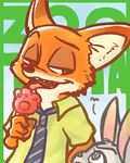  4_fingers annoyed anthro canine clothed clothing disney duo female food fox fur green_eyes grey_fur half-closed_eyes hawaiian_shirt holding_food holding_object judy_hopps lagomorph licking looking_aside looking_at_another looking_up male mammal necktie nick_wilde open_mouth open_smile orange_fur pawpsicle pink_nose popsicle purple_eyes rabbit saki_(pixiv_1507375) shirt smile smug tongue tongue_out zootopia 