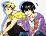  amamiya_ren black_hair blonde_hair eyewear_on_head eyewear_removed hood hoodie lijont looking_at_viewer male_focus multiple_boys persona persona_5 sakamoto_ryuuji shirt sitting smile t-shirt 