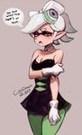  1girl absurdres blush colo_(nagrolaz) commentary detached_collar domino_mask dress fangs food food_on_head green_legwear highres hotaru_(splatoon) mask mole mole_under_eye object_on_head pantyhose pointy_ears short_jumpsuit solo splatoon_(series) squid strapless strapless_dress sushi tentacle_hair 