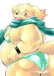  anthro bikini blush butt canine clothed clothing crossdressing cusith dog looking_at_viewer looking_back male mammal overweight overweight_male scarf simple_background solo swimsuit tokyo_afterschool_summoners unknown_artist white_background 