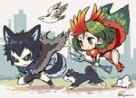  1girl animal_ears bird black_hair black_sclera blue_eyes chibi diffraction_spikes dog dog_ears dog_tail flying green_eyes green_hair juuni_taisen niwa_ryouka pitchfork running short_hair smile tail tsukui_michio twitter_username white_skin 