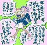  1girl black_eyes blonde_hair carrying commentary_request dark_skin dress eyelashes ganguro green_background hairband juushiko_(osomatsu-san) lipstick lowres makeup matsuno_todomatsu mikado_(jokeraj) open_mouth osomatsu-kun osomatsu-san piggyback pink_hair short_dress simple_background smile translation_request yellow_eyes 