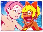  1girl ;d bikini black_eyes blonde_hair dark_skin eyelashes ganguro hairband high_ponytail highres innertube juushiko_(osomatsu-san) matsuno_todomatsu ocean one_eye_closed open_mouth osomatsu-kun osomatsu-san pink_hair ponytail self_shot signature smile swimsuit upper_body v yellow_eyes 