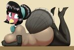  2017 anthro armwear avian beak big_breasts big_butt biped bird black_hair blue_eyes boots breasts butt cleavage clothed clothing digital_media_(artwork) elbow_gloves eyelashes female footwear gallie gloves hair hi_res holidays lying mcsweezy mostly_nude on_front slightly_chubby smile solo thanksgiving thick_thighs turkey voluptuous 