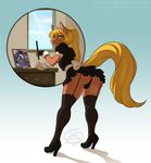  2017 5_fingers anthro arilen blonde_hair bow bulge clothed clothing crossdressing digital_media_(artwork) equine footwear garter girly hair high_heels horse kittydee legwear looking_at_viewer maid_uniform male mammal panties shoes smile solo standing stockings underwear uniform 