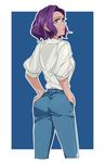  ass blue_background border cowboy_shot dark_skin denim dress_shirt green_eyes hands_on_hips highres jeans looking_at_viewer looking_back pants parted_lips pink_lips purple_hair ramenko_(pasta_nya) senki_zesshou_symphogear shirt simple_background sleeves_rolled_up solo sonia_virena white_border white_shirt 