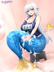  :d bangs bath_stool bathing bathtub blue_swimsuit blush breasts cleavage collarbone commentary_request covered_nipples dungeon_and_fighter dutch_angle eyebrows_visible_through_hair female_gunner_(dungeon_and_fighter) fins from_side full_body hair_tie hand_on_own_chest happy head_fins holding holding_sponge indoors korean large_breasts long_hair looking_at_viewer mermaid mirror monster_girl name_tag one-piece_swimsuit open_mouth purple_eyes rubber_duck scales school_swimsuit shaojiang sidelocks signature silver_hair sink sitting smile soap_bubbles solo sponge stool straight_hair swimsuit tail tile_floor tiles translation_request very_long_hair 