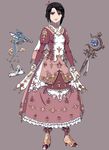  :d black_hair book braid dragon dress full_body grey_background hair_ornament hairclip high_heels highres holding holding_wand maroon_dress open_mouth original pink_eyes short_hair smile solarbattery solo standing wand 