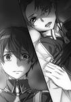  1girl abec bed_sheet crying crying_with_eyes_open eugeo eyebrows_visible_through_hair greyscale hair_between_eyes highres imminent_rape indoors looking_at_viewer lying monochrome novel_illustration official_art on_back open_mouth spoilers sword_art_online tears tiese_schtrinen upper_body 
