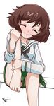  1girl akiyama_yukari blush brown_hair eyes_closed girls_und_panzer green_panties panties preesoul solo underwear upskirt 