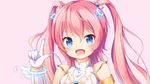  :d angelic_buster arm_up bangs blue_eyes blush bow breasts eyebrows_visible_through_hair fang gloves hair_between_eyes hair_bow horns index_finger_raised long_hair looking_at_viewer maplestory medium_breasts nekono_rin open_mouth pink_background pink_hair shirt simple_background sleeveless sleeveless_shirt smile solo turtleneck two_side_up white_bow white_gloves white_shirt 