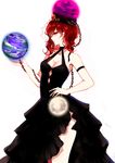  absurdres alternate_costume armband bare_arms bare_shoulders black_dress breasts chain cleavage cowboy_shot dress earrings earth_(ornament) hand_on_hip hecatia_lapislazuli highres jewelry medium_breasts moon_(ornament) pointy_ears polos_crown profile red_eyes red_hair ruby_(stone) sheya simple_background solo touhou white_background 