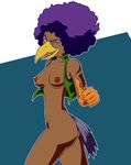  2017 abstract_background afro animal_humanoid anthro avian avian_humanoid beak black_dynamite breasts clothing digital_media_(artwork) female freepancakes hair hoe_crow humanoid looking_at_viewer nipples open_mouth simple_background smile solo standing thumbs_up tongue tongue_out 