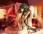  arms_behind_head bare_chest black_hair candle fate/grand_order fate_(series) itefu jar long_hair male_focus messy_hair one_eye_closed pillow solo stretch tattoo under_covers very_long_hair waking_up yan_qing_(fate/grand_order) 