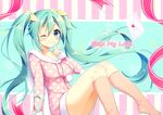  ;) animal_hood aoi_yun arm_support bangs blush breasts bunny_hood closed_mouth collarbone commentary_request eyebrows_visible_through_hair finger_to_mouth hair_between_eyes hair_ribbon hatsune_miku heart hood hood_down hooded_pajamas kneehighs letter long_hair long_sleeves looking_at_viewer love_letter medium_breasts no_shoes one_eye_closed pajamas pink_legwear pink_pajamas polka_dot_pajamas pom_pom_(clothes) ribbon short_jumpsuit shushing sidelocks sitting sleeves_past_wrists smile solo spoken_heart striped striped_ribbon twintails unmoving_pattern very_long_hair vocaloid yellow_ribbon 