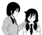  alternate_hairstyle asadafa bags_under_eyes greyscale hand_in_another's_hair kuroki_tomoko low_twintails matching_hairstyle monochrome multiple_girls necktie school_uniform tamura_yuri triangle_mouth twintails watashi_ga_motenai_no_wa_dou_kangaetemo_omaera_ga_warui! white_background yuri 