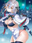  bell black_bikini_top black_gloves black_legwear blurry bow breasts cleavage closed_mouth commentary_request cowboy_shot depth_of_field elbow_gloves fate/grand_order fate_(series) gloves headpiece highres jeanne_d'arc_(fate)_(all) jeanne_d'arc_alter_santa_lily large_breasts leaning_forward looking_at_viewer older ribbon short_hair silver_hair solo srsojiro striped striped_bow striped_ribbon thighhighs yellow_eyes 
