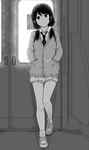  asadafa cardigan commentary dress_shirt earphones expressionless greyscale hands_in_pockets head_tilt highres leaning_back loafers loose_necktie low_twintails miniskirt monochrome necktie pleated_skirt school_uniform shirt shoes skirt socks solo standing tamura_yuri train_interior twintails watashi_ga_motenai_no_wa_dou_kangaetemo_omaera_ga_warui! 