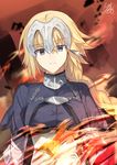  blonde_hair blue_eyes braid breasts capelet chain closed_mouth commentary_request fate/apocrypha fate_(series) faulds headpiece highres jeanne_d'arc_(fate) jeanne_d'arc_(fate)_(all) long_hair looking_at_viewer medium_breasts nikame single_braid solo upper_body 