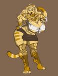  anthro big_breasts breasts butt cat clothed clothing feline female fur hair huge_breasts mammal multicolored_fur muscular simple_background skygga smile solo thick_thighs two_tone_fur 
