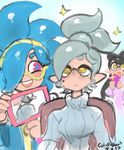  3girls aori_(splatoon) blue_hair colo_(nagrolaz) commentary domino_mask fangs glasses hairdressing highres hotaru_(splatoon) inkling mask mirror mole mole_under_eye multiple_girls phone pink_eyes pointy_ears ribbed_sweater splatoon_(series) splatoon_1 squid sweater tentacle_hair topknot yellow_eyes 